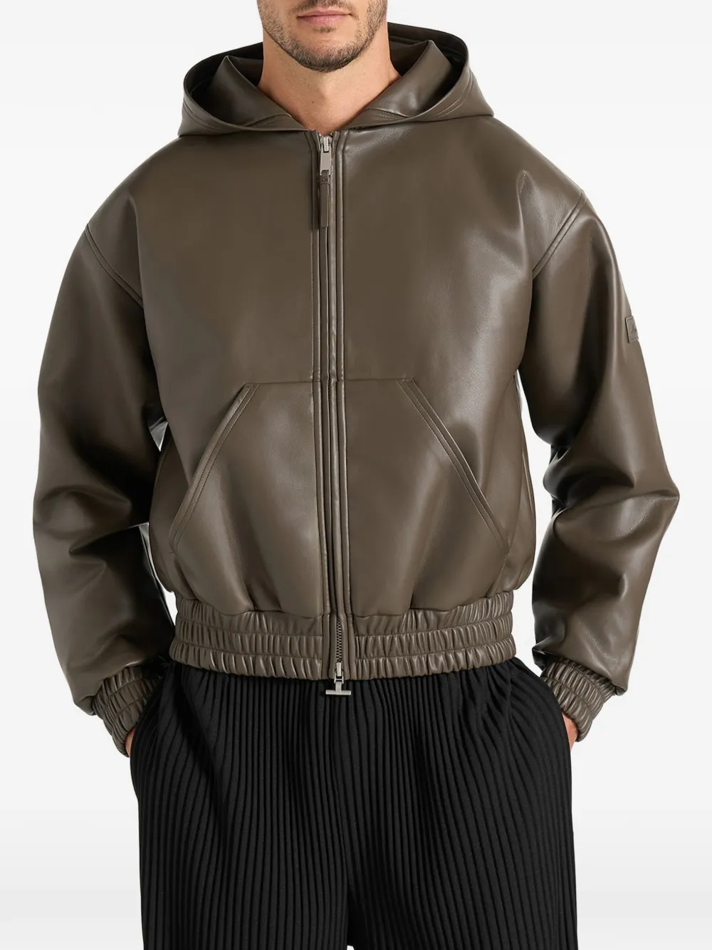 Manière De Voir Jude - leather zip-through hooded jacket - olive