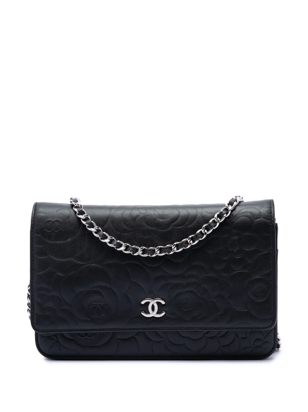 CHANEL Pre-Owned 2012 CC Embossed Lambskin Camellia Wallet On Chain crossbody bag - Nero