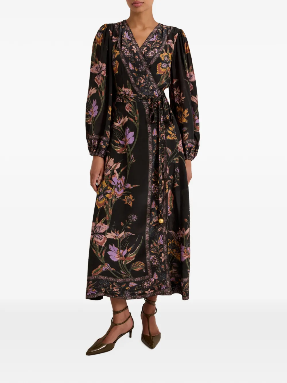 Marie Oliver Everette midi-wikkeljurk met bloemen-print Zwart