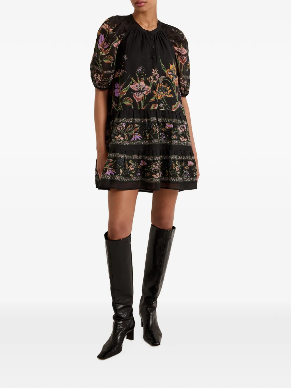 Marie Oliver Sylvie ramie mini-jurk met bloemen-print Zwart