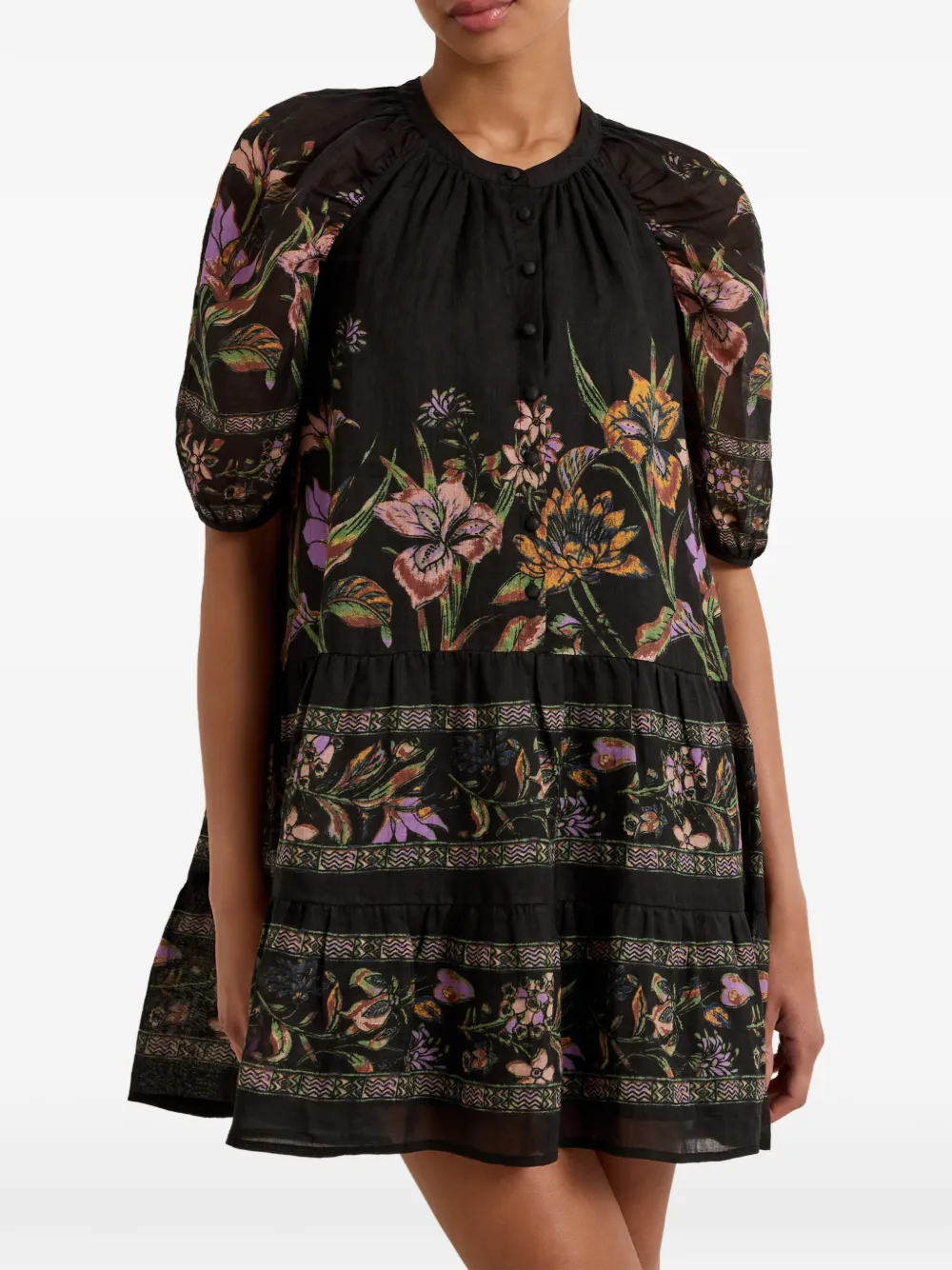 Marie Oliver Sylvie ramie mini-jurk met bloemen-print Zwart