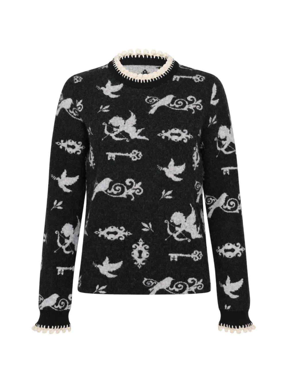 Renli Su Intarsia-knit Pompom-trim Sweater In Schwarz