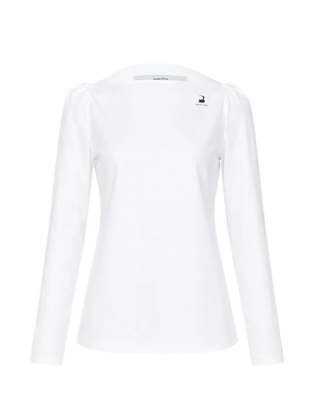 Pushbutton Puff-shoulder Straight-neck T-shirt In White