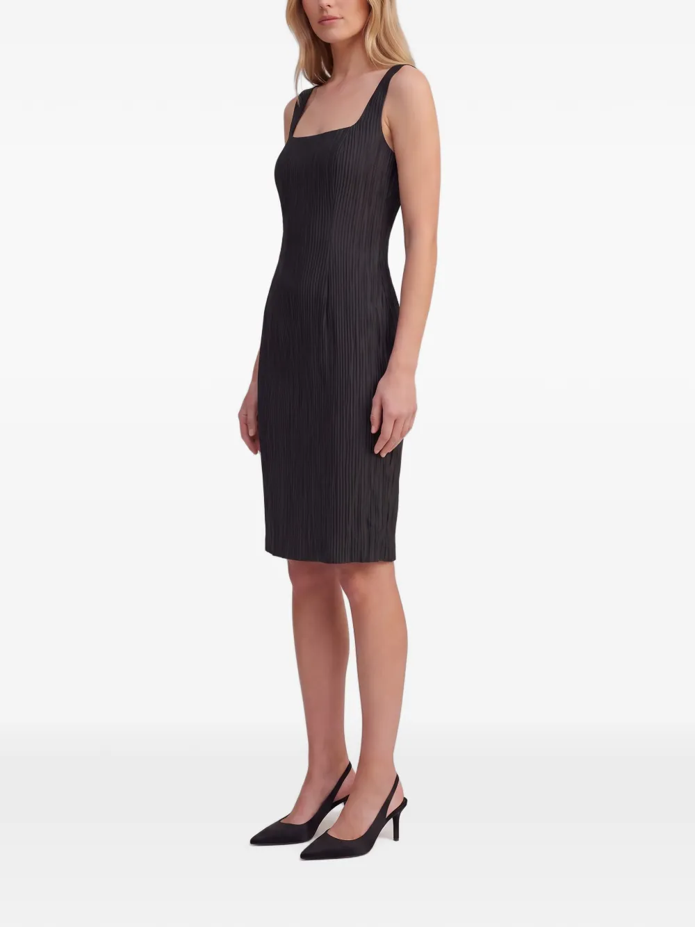 Pre-owned Guy Laroche Pleated Square-neck Midi Dress In Black