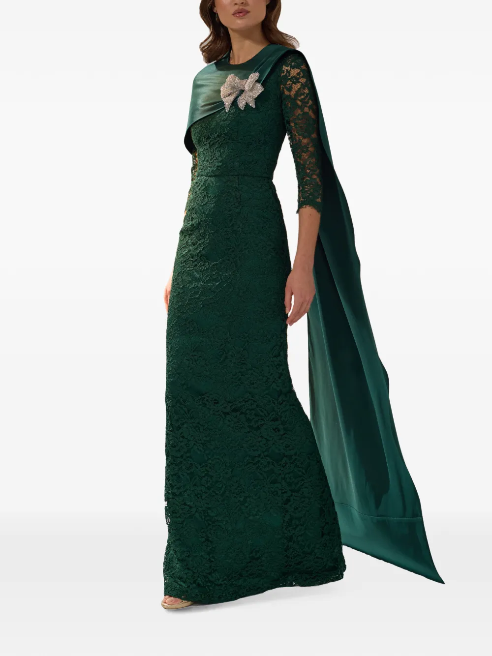 SILK LOVE & LACE Malvina avondjurk met capedetail en kant Groen