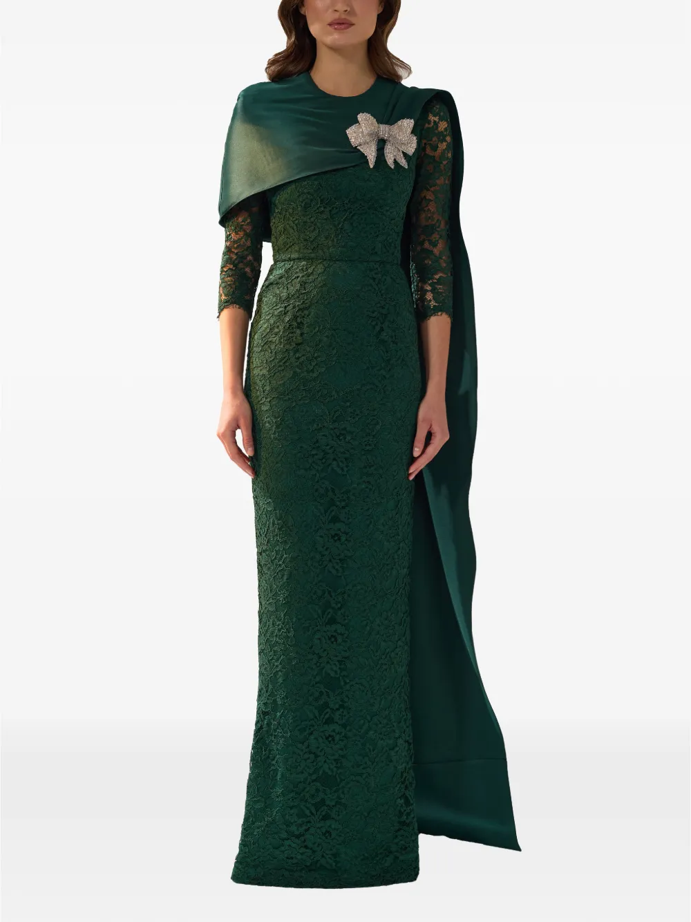 SILK LOVE & LACE Malvina avondjurk met capedetail en kant Groen