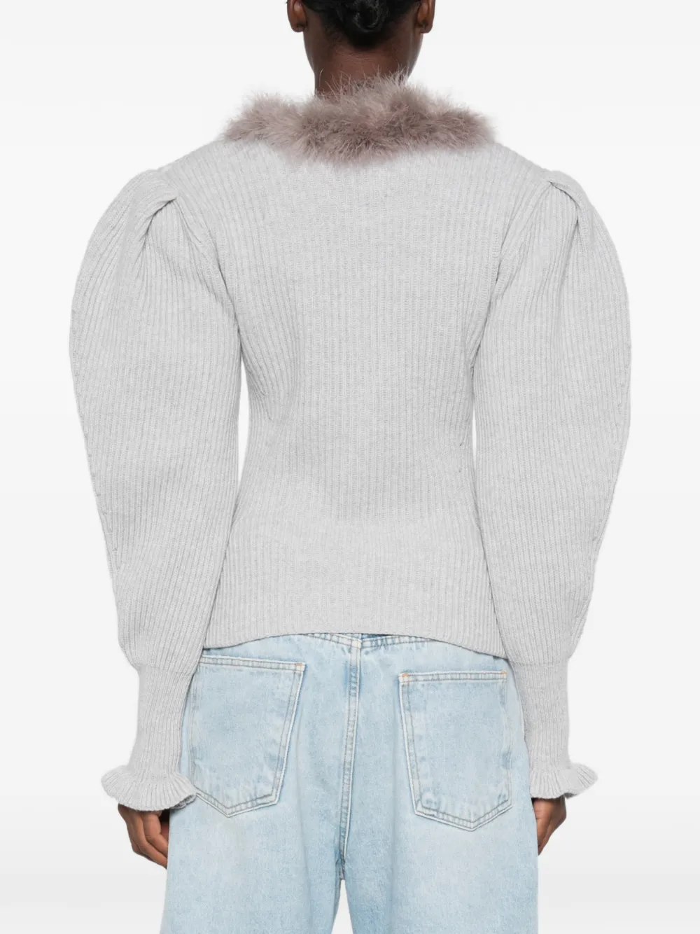 Blumarine feather-trim puff-sleeve sweater Grijs