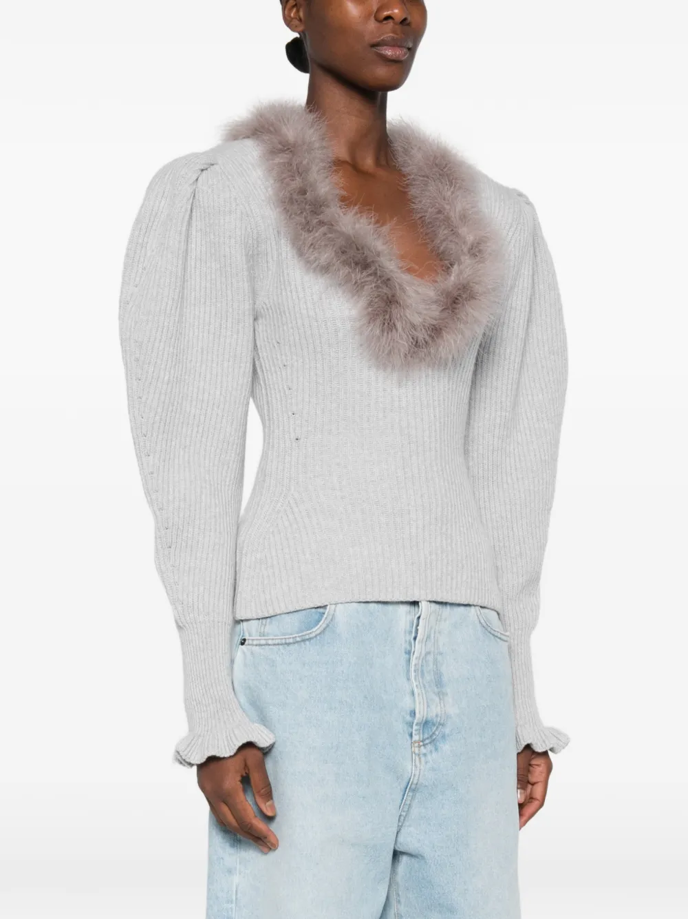 Blumarine feather-trim puff-sleeve sweater Grijs