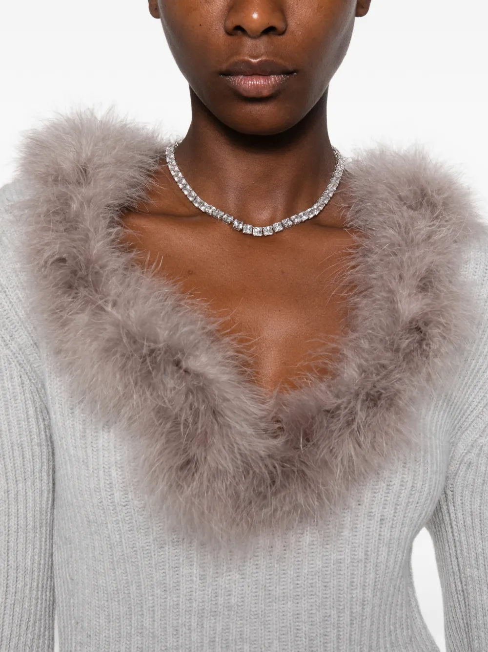 Blumarine feather-trim puff-sleeve sweater Grijs
