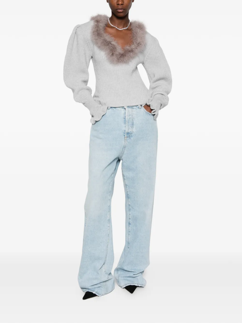 Blumarine feather-trim puff-sleeve sweater Grijs