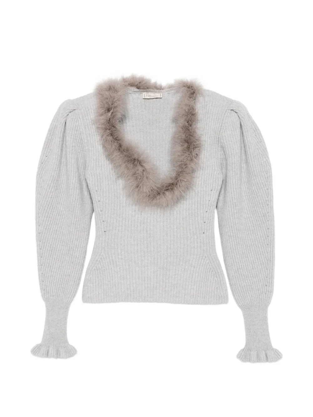 Blumarine feather-trim puff-sleeve sweater - Grey