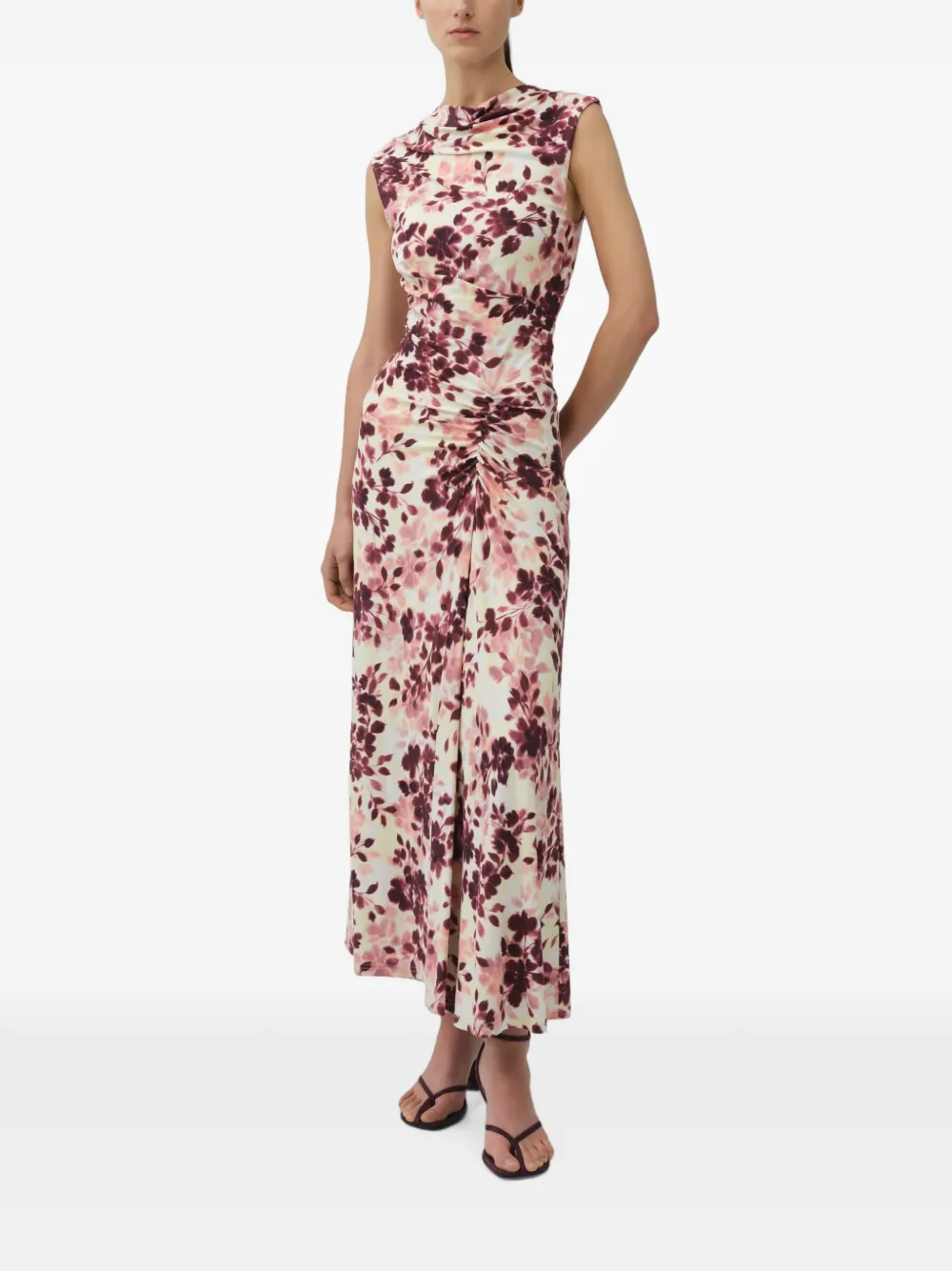 SIMKHAI Acacia draped jersey floral-print midi day dress Beige