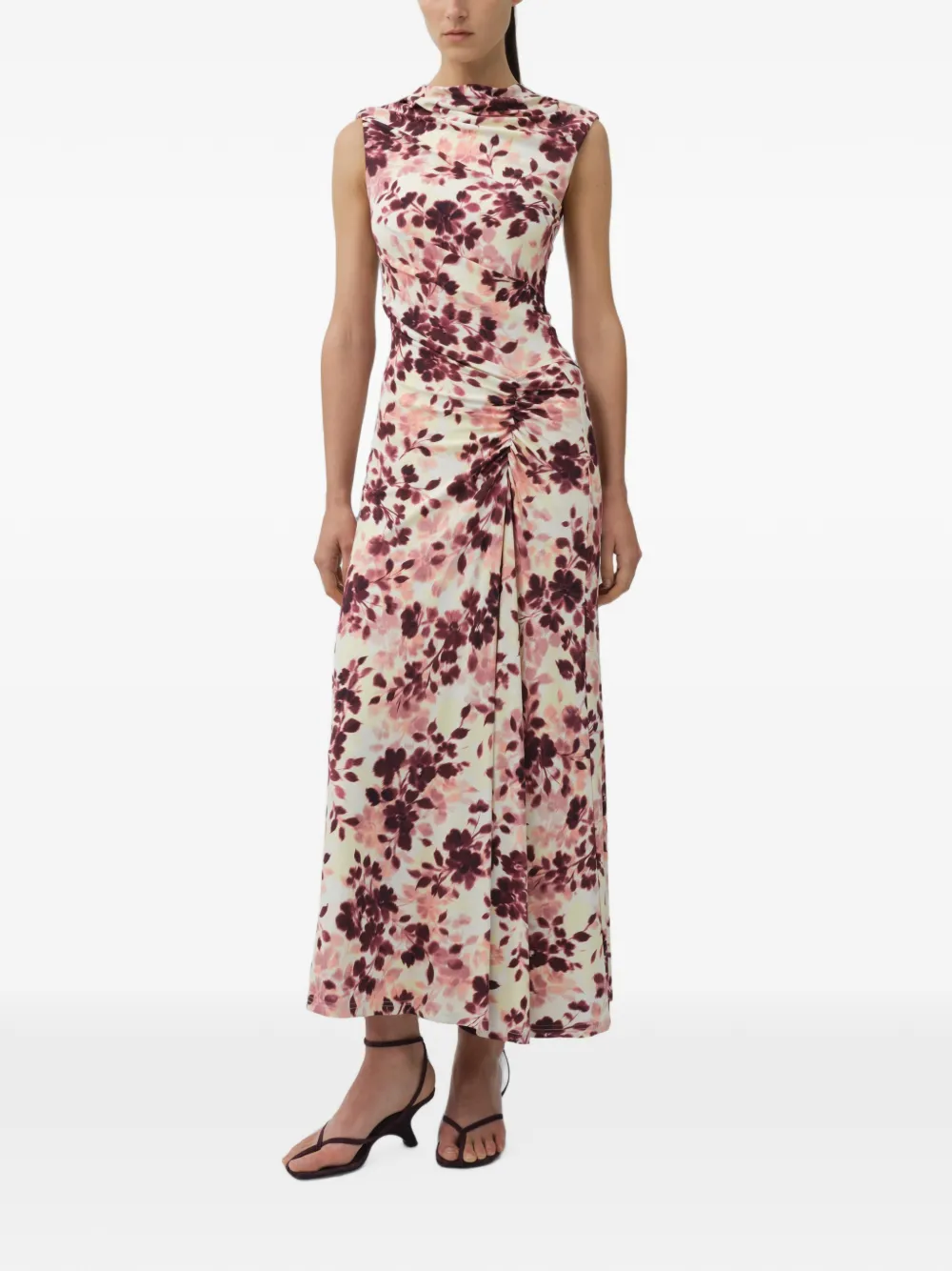 SIMKHAI Acacia draped jersey floral-print midi day dress Beige