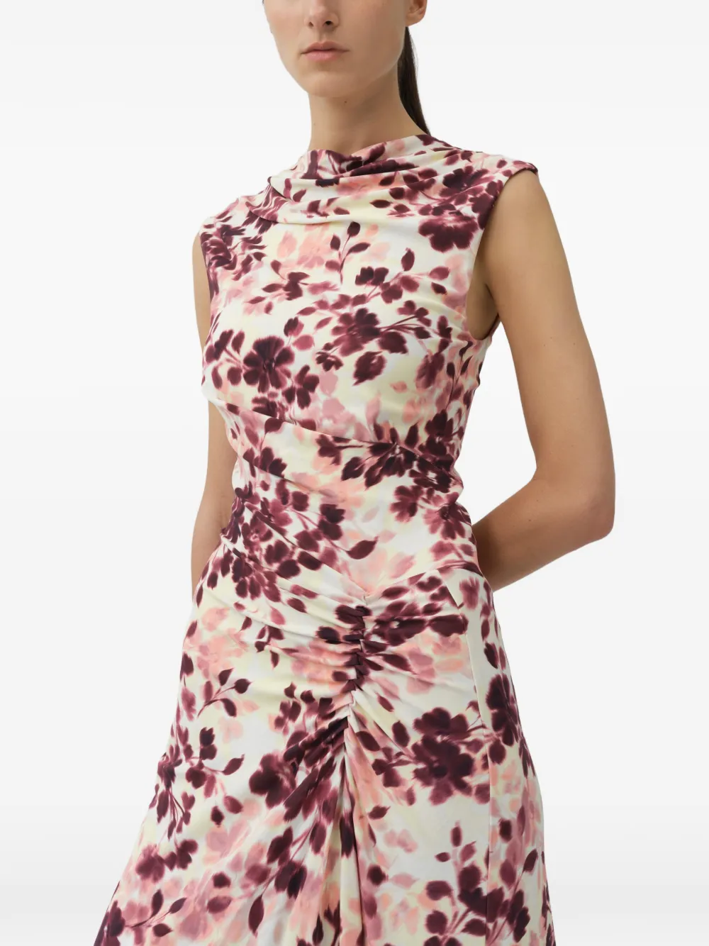 SIMKHAI Acacia draped jersey floral-print midi day dress Beige