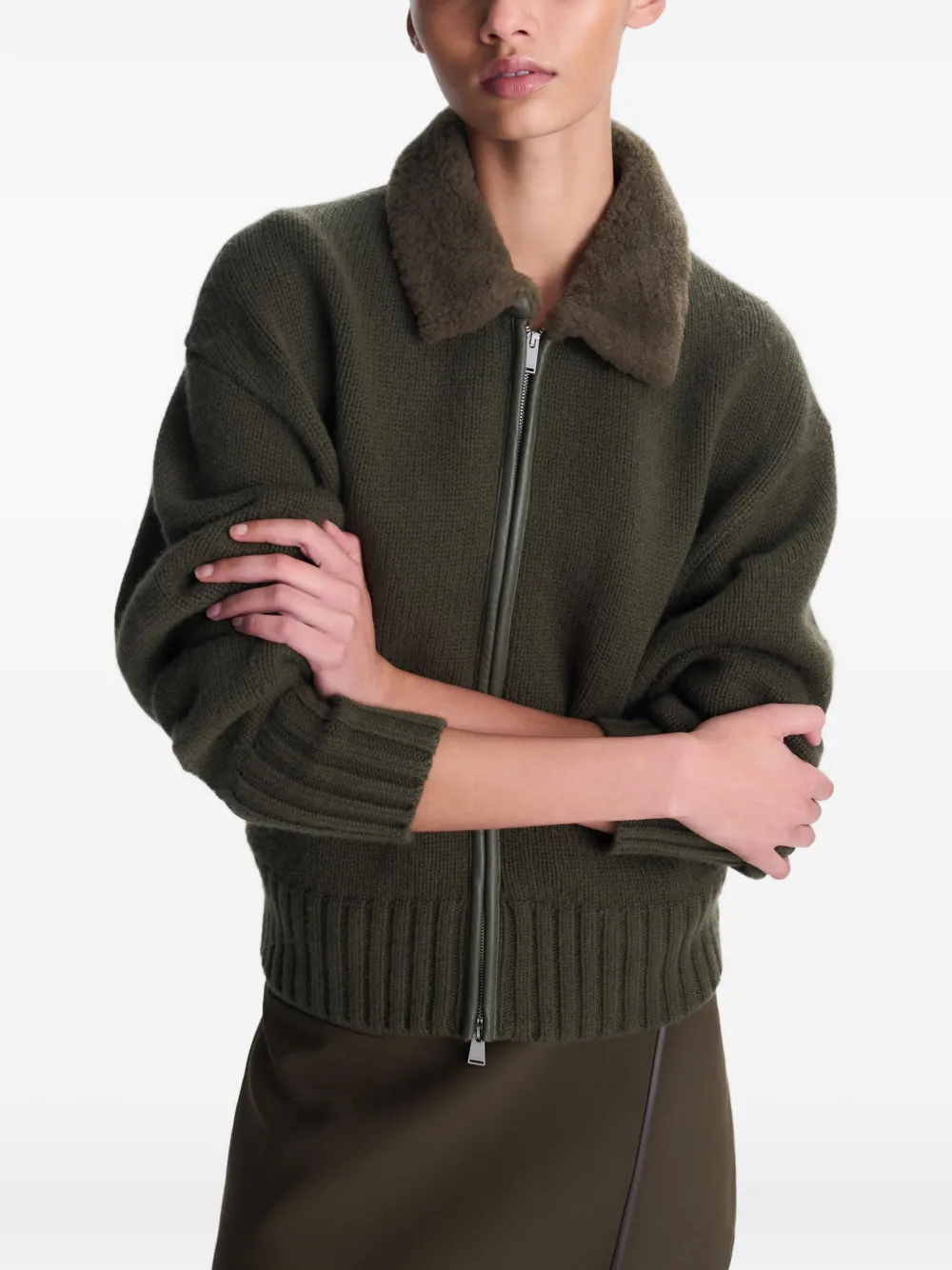 SIMKHAI Zorina Faux-shearling Collar Cardigan in Green, view 5