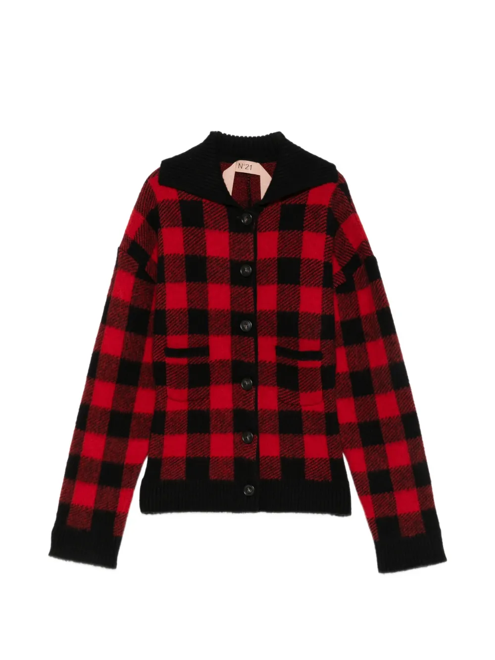 N°21 Check-pattern Virgin-wool Cardigan In Burgundy