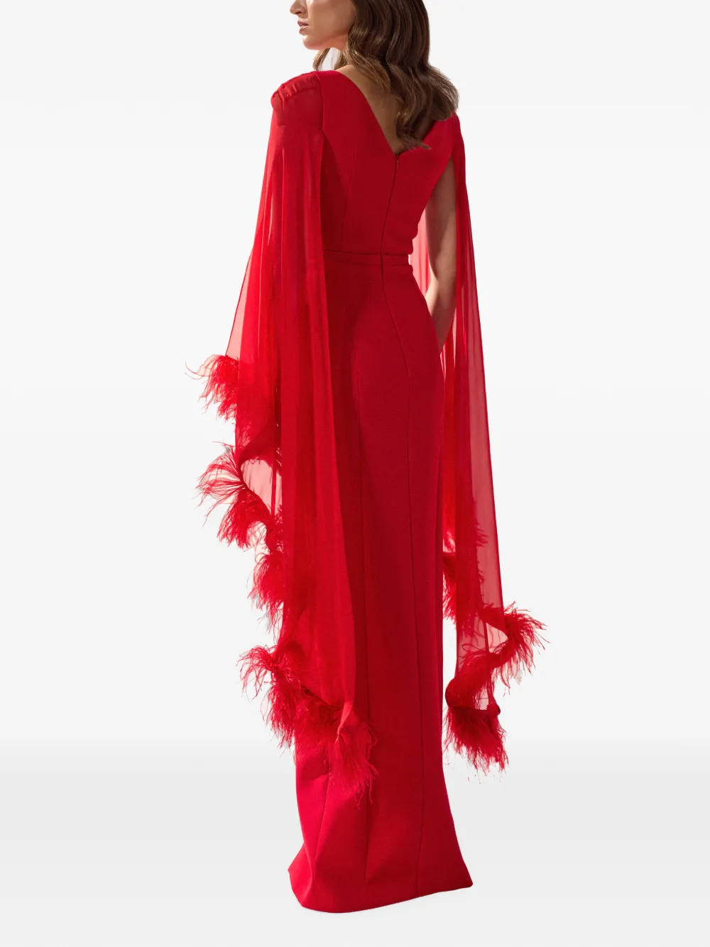 SILK LOVE & LACE Ginger avondjurk met verenafwerking Rood