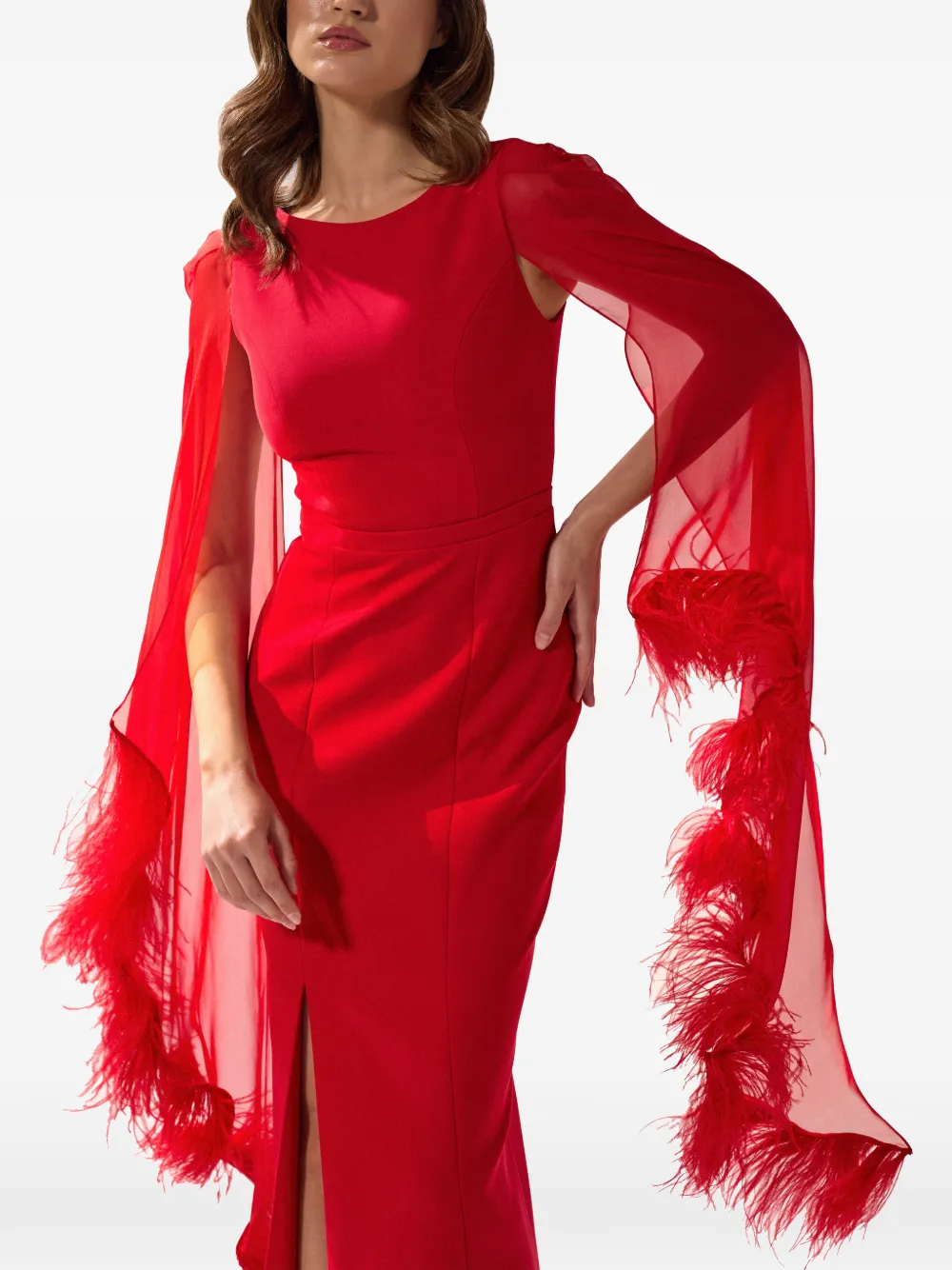 SILK LOVE & LACE Ginger avondjurk met verenafwerking Rood