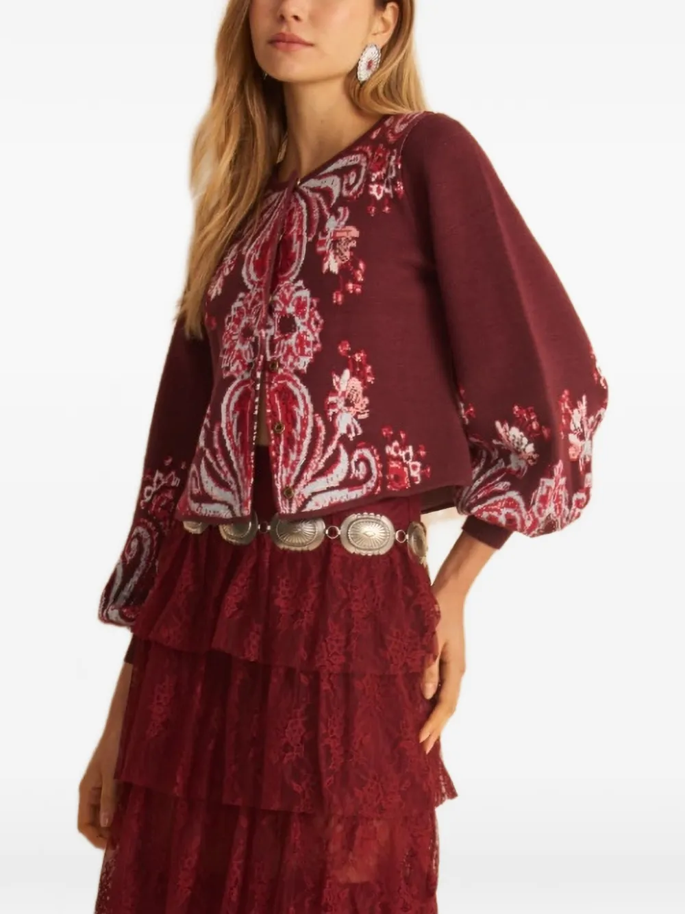Cecilia Prado Yara intarsia-knit balloon-sleeve cardigan - Rouge