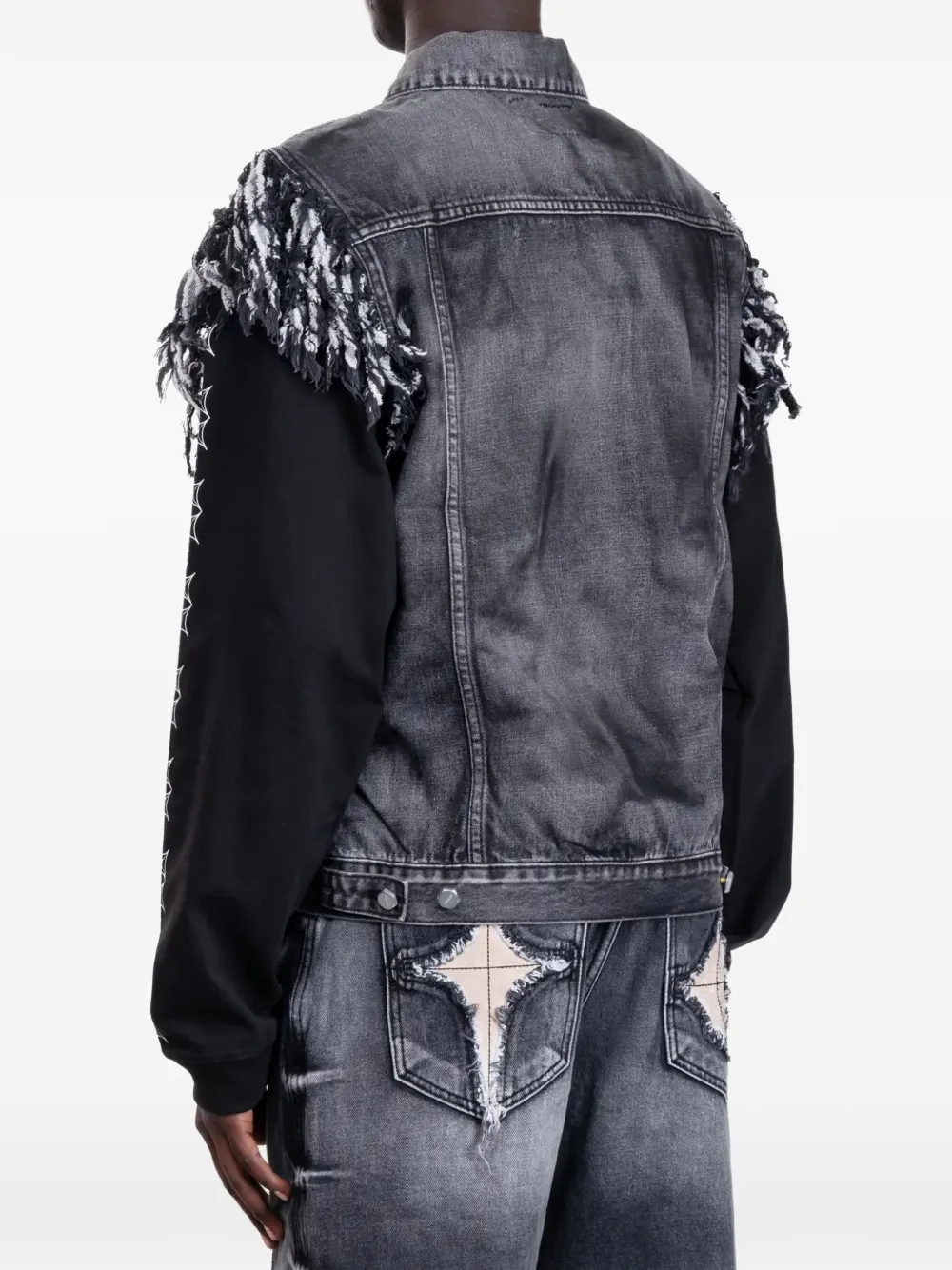 THUG CLUB TC Angels fringe-trim denim jacket Grijs