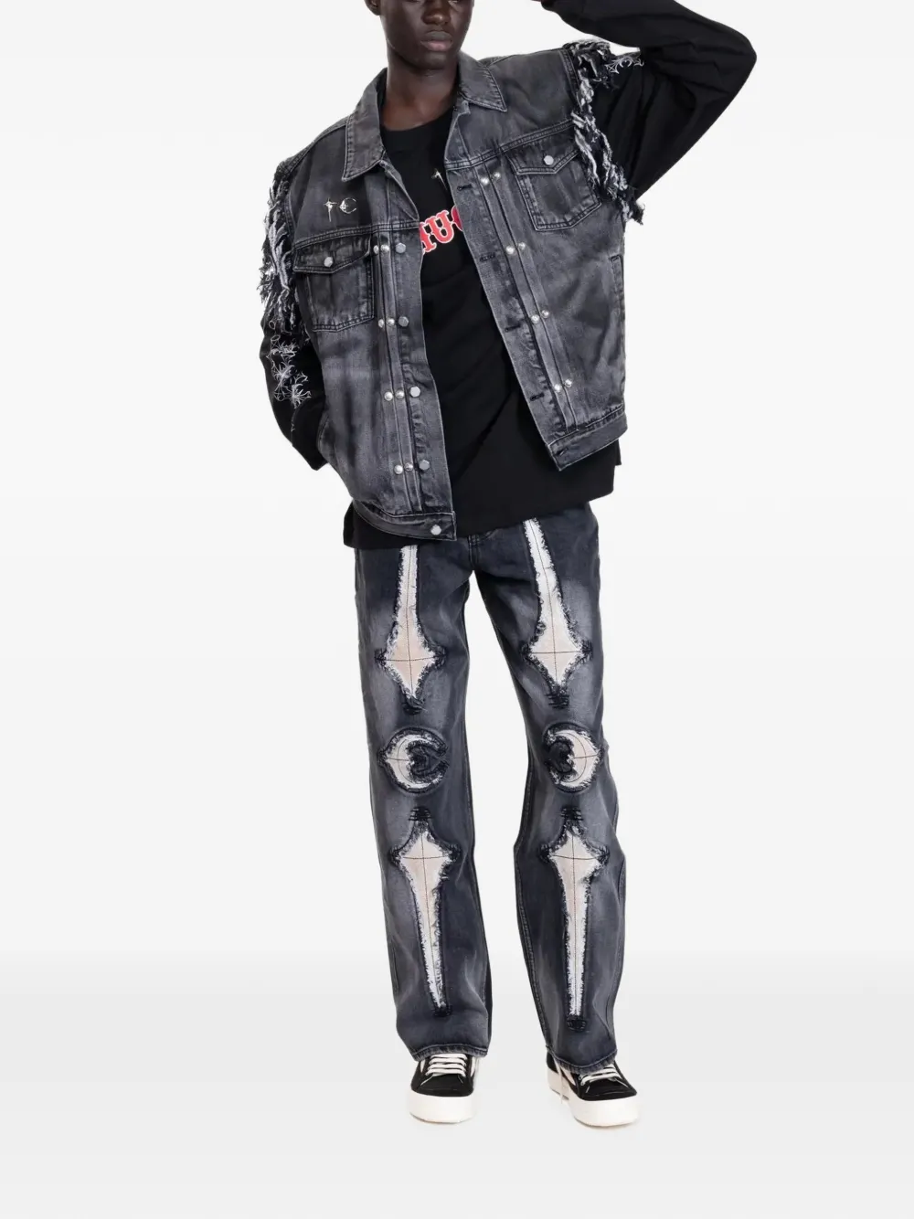 THUG CLUB TC Angels fringe-trim denim jacket Grijs