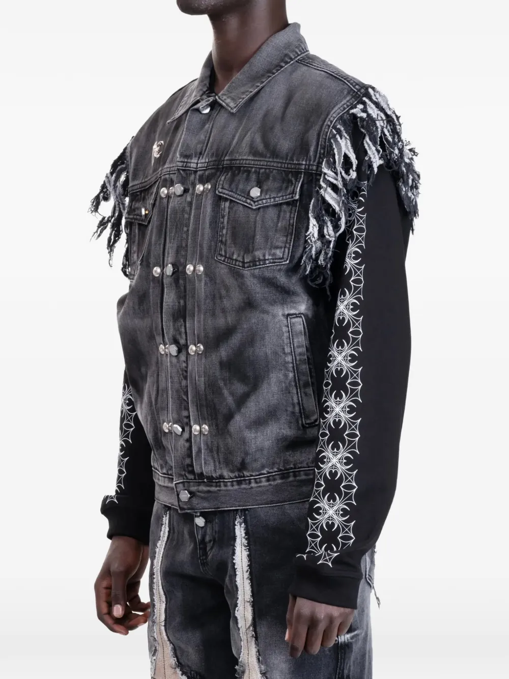 THUG CLUB TC Angels fringe-trim denim jacket Grijs