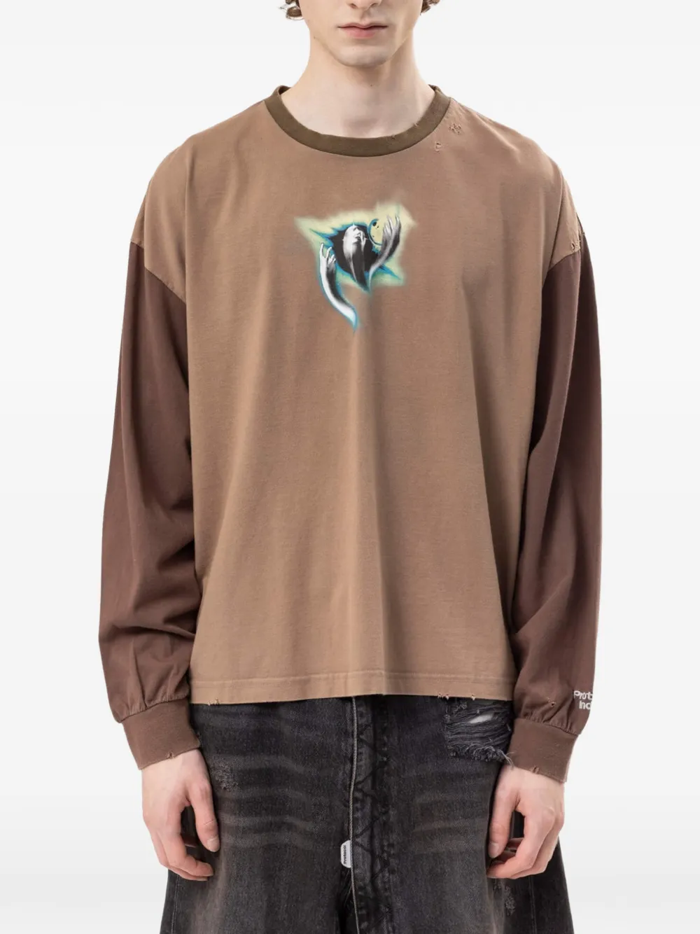 Protocol Index Panelled Distressed T-shirt In Brown