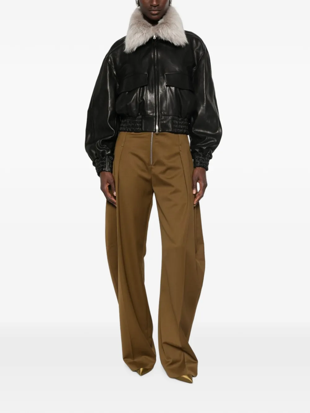 Nour Hammour Shearling-collar Leather Jacket in Black, view 2