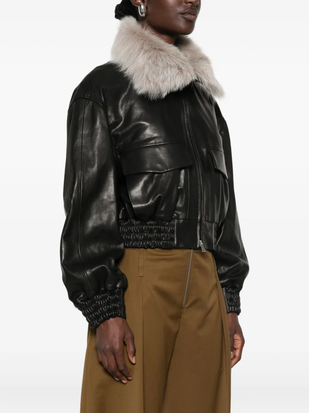 Nour Hammour Shearling-collar Leather Jacket in Black, view 3