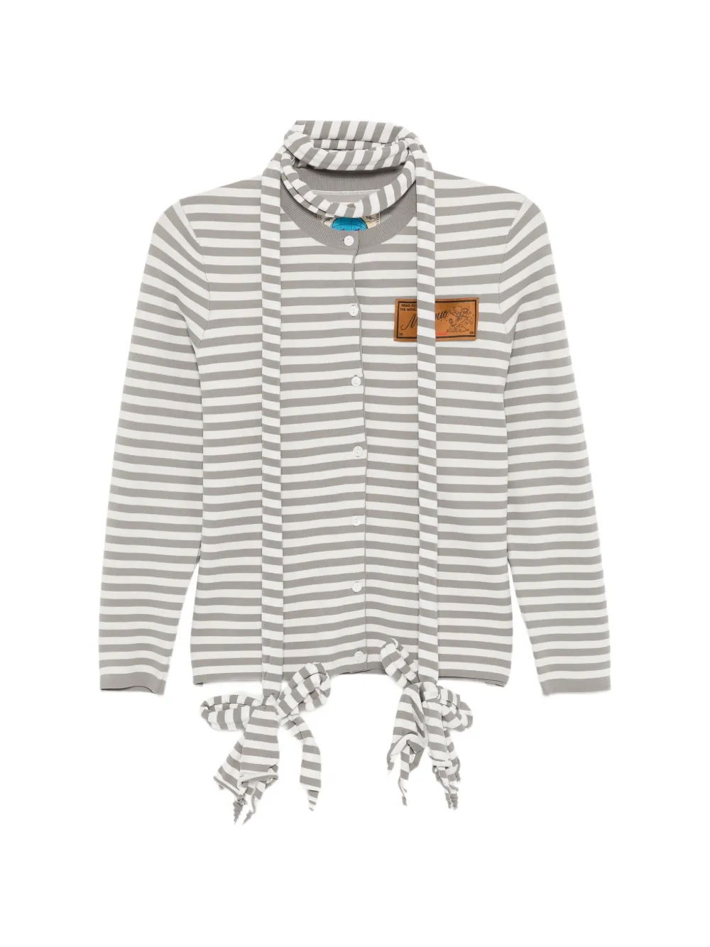 MOTOGUO neck-tie detail stripe cardigan - Grey