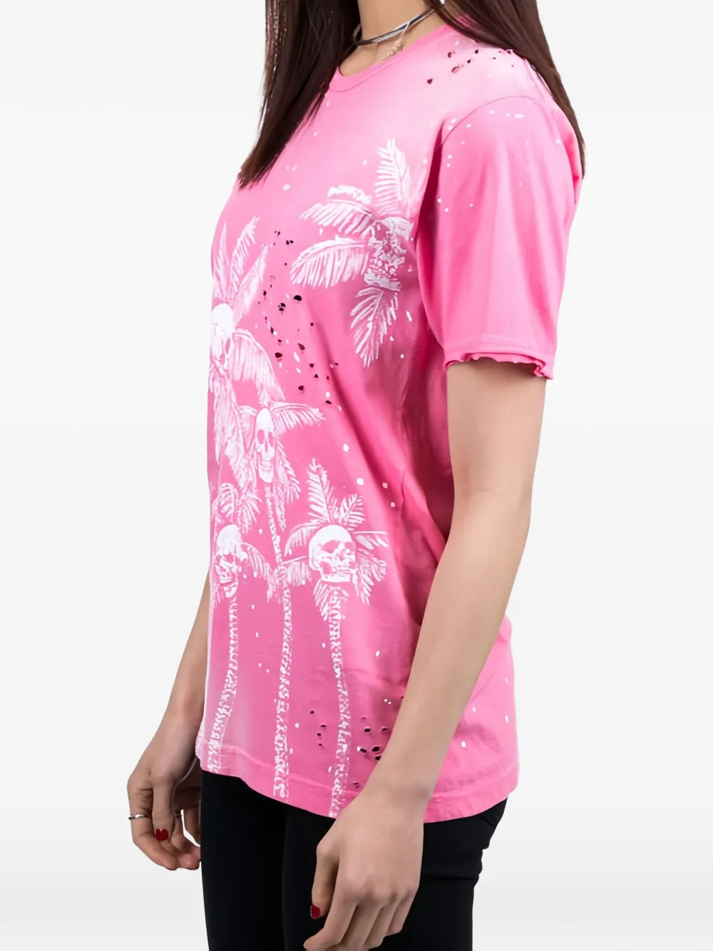 DOMREBEL T-shirt met verfspatten en doodskopprint Roze