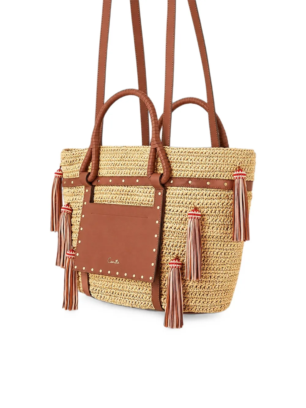 Camilla tassel-embellished raffia tote bag Beige