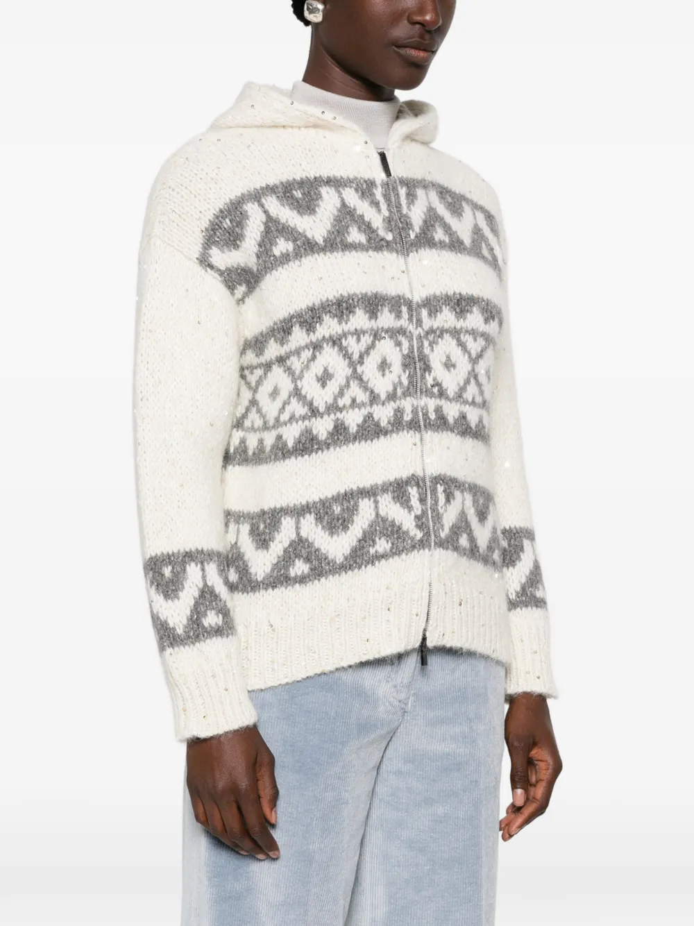 Peserico Fair Isle-gebreide hoodie met rits Beige