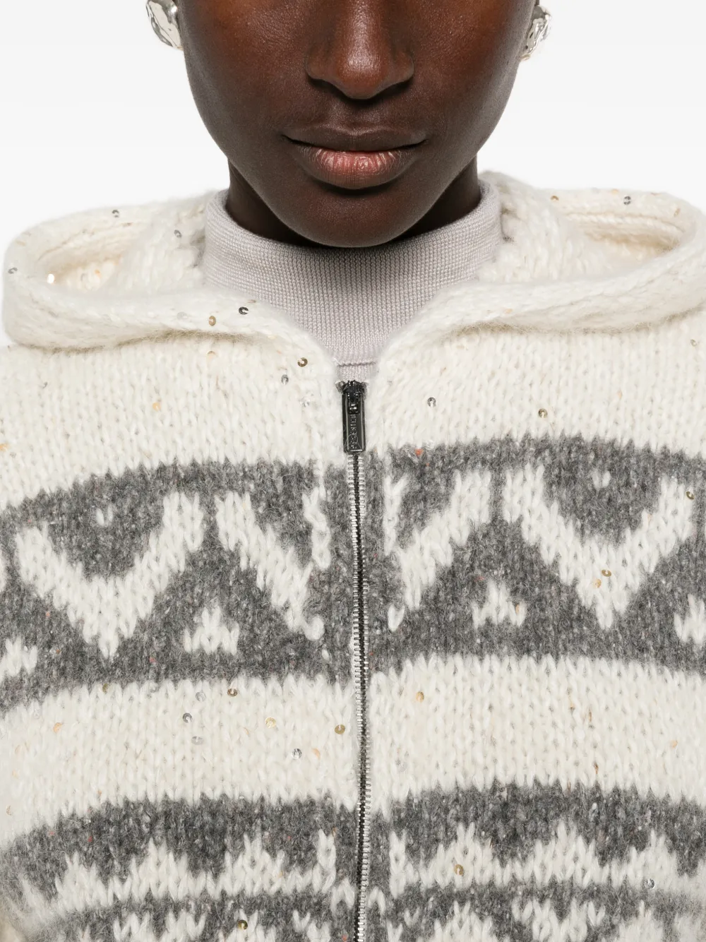 Peserico Fair Isle-gebreide hoodie met rits Beige
