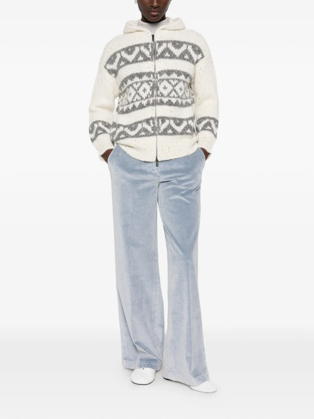 Peserico Fair Isle-gebreide hoodie met rits Beige