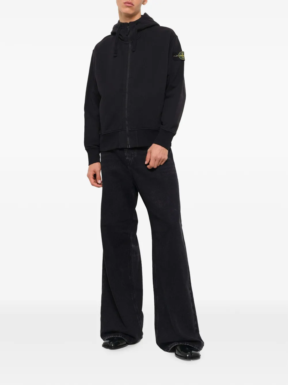 Stone Island 6100009 fleece hoodie van biologisch katoen met rits Zwart