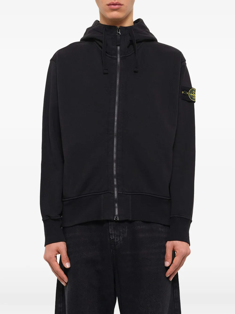 Stone Island 6100009 fleece hoodie van biologisch katoen met rits Zwart