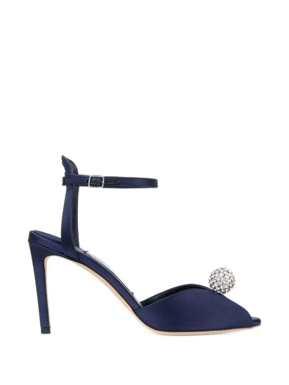 Jimmy Choo Sacora 85 marine satin sandals with crystal-embellished sphere