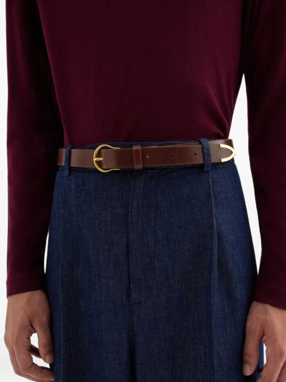 Jil Sander belt vegetable-tanned leather with round metal buckle Bruin