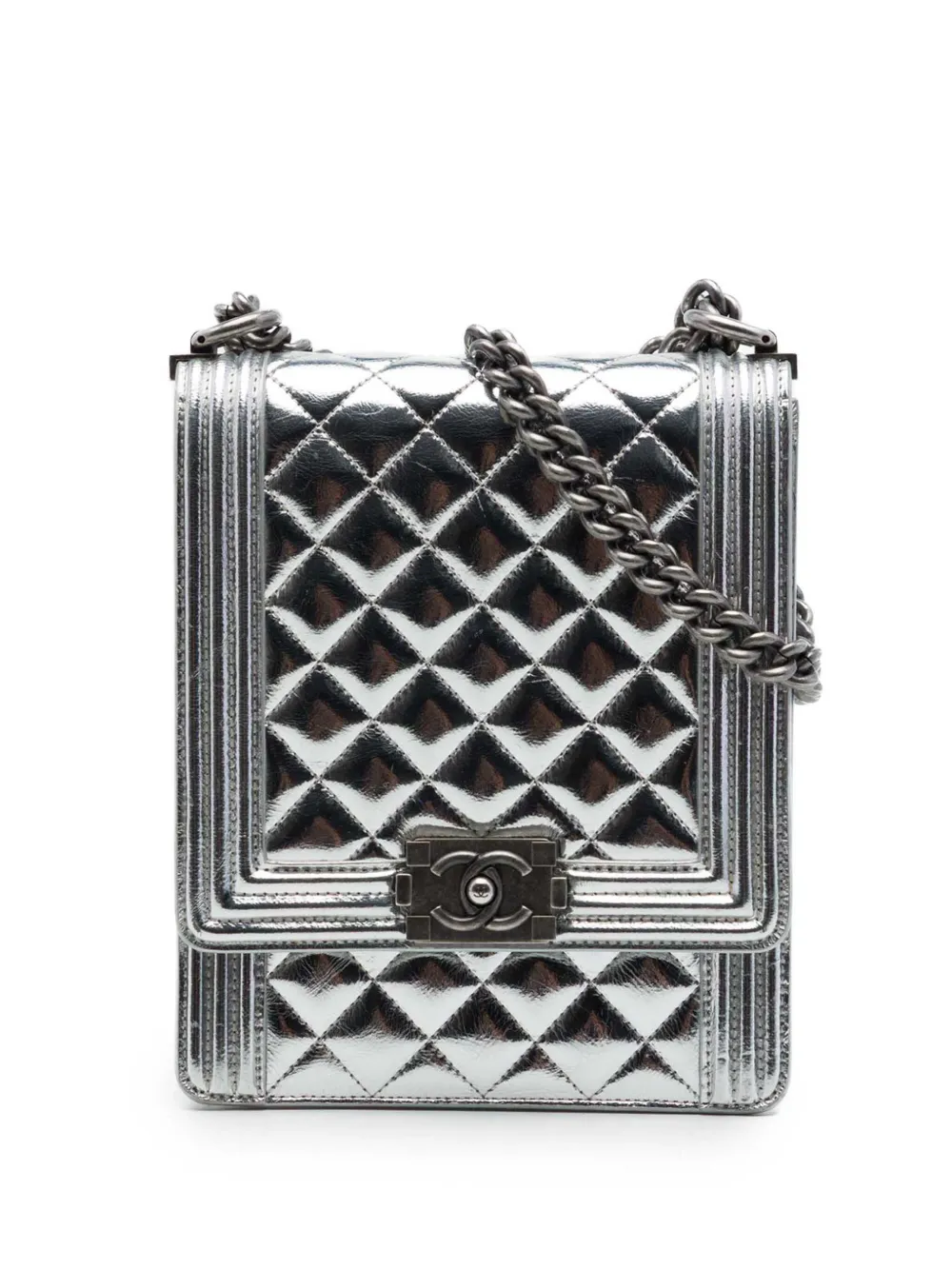 CHANEL Pre-Owned 2018-2019 Quilted Metallic Calfskin North South Boy Flap crossbody bag - Silver