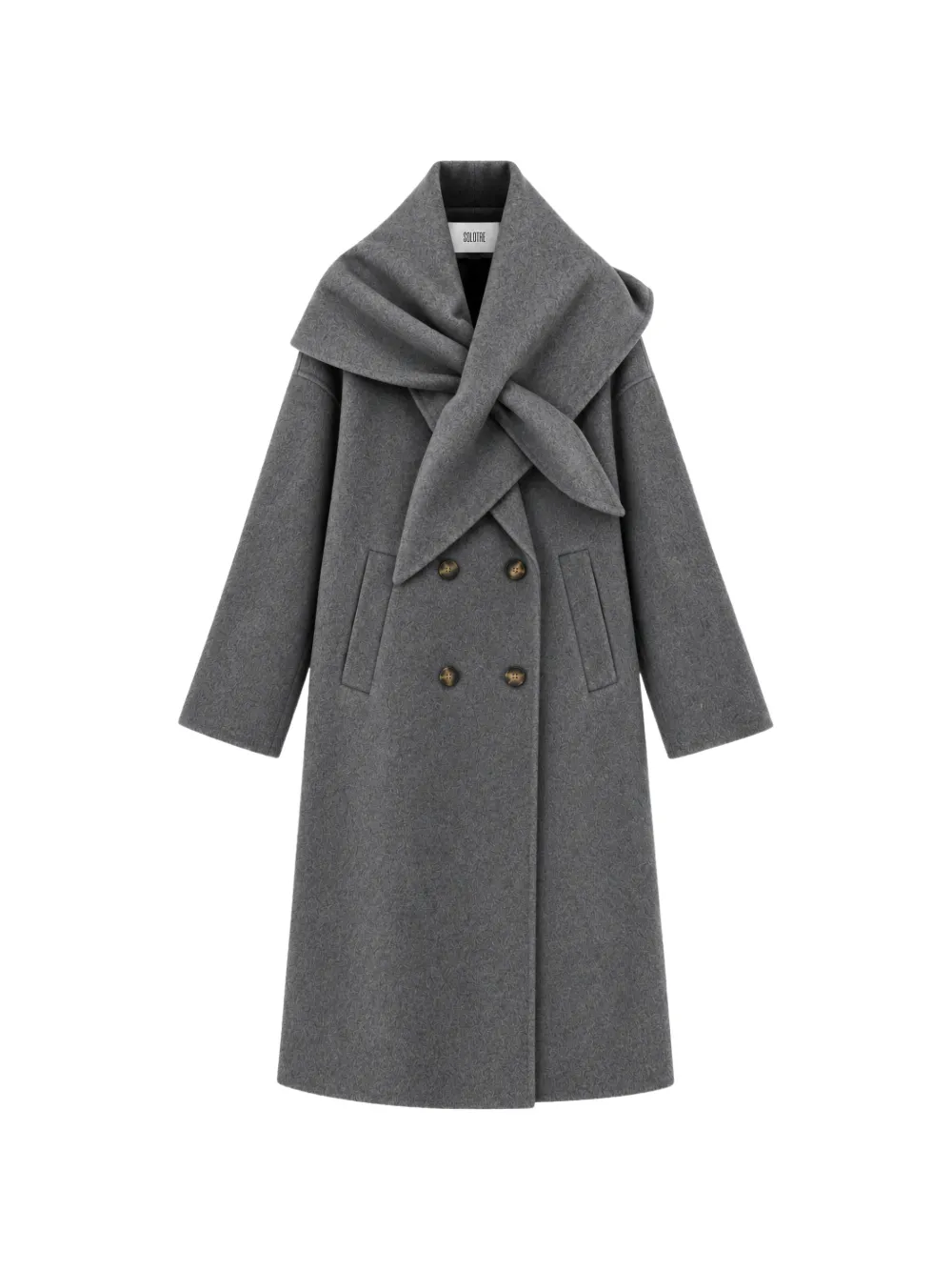 SOLOTRE manteau à boutonnière croisée et col façon écharpe - Gris SOLOTRE manteau à boutonnière croisée et col façon écharpe - Gris