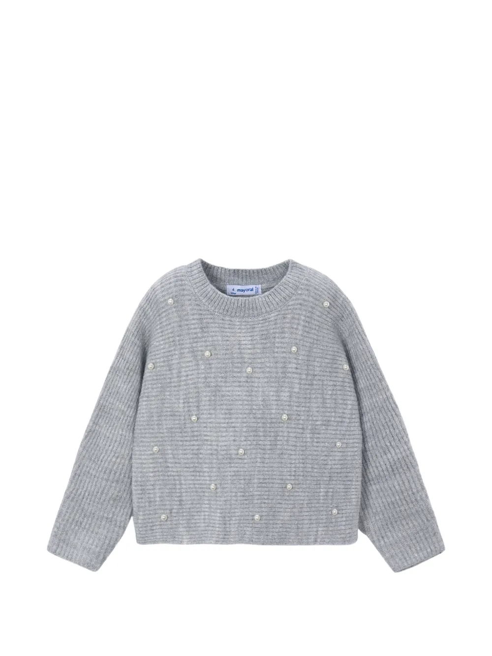 Mayoral Kids' Faux-pearl Embellished Ribbed-knit Sweater In Gray