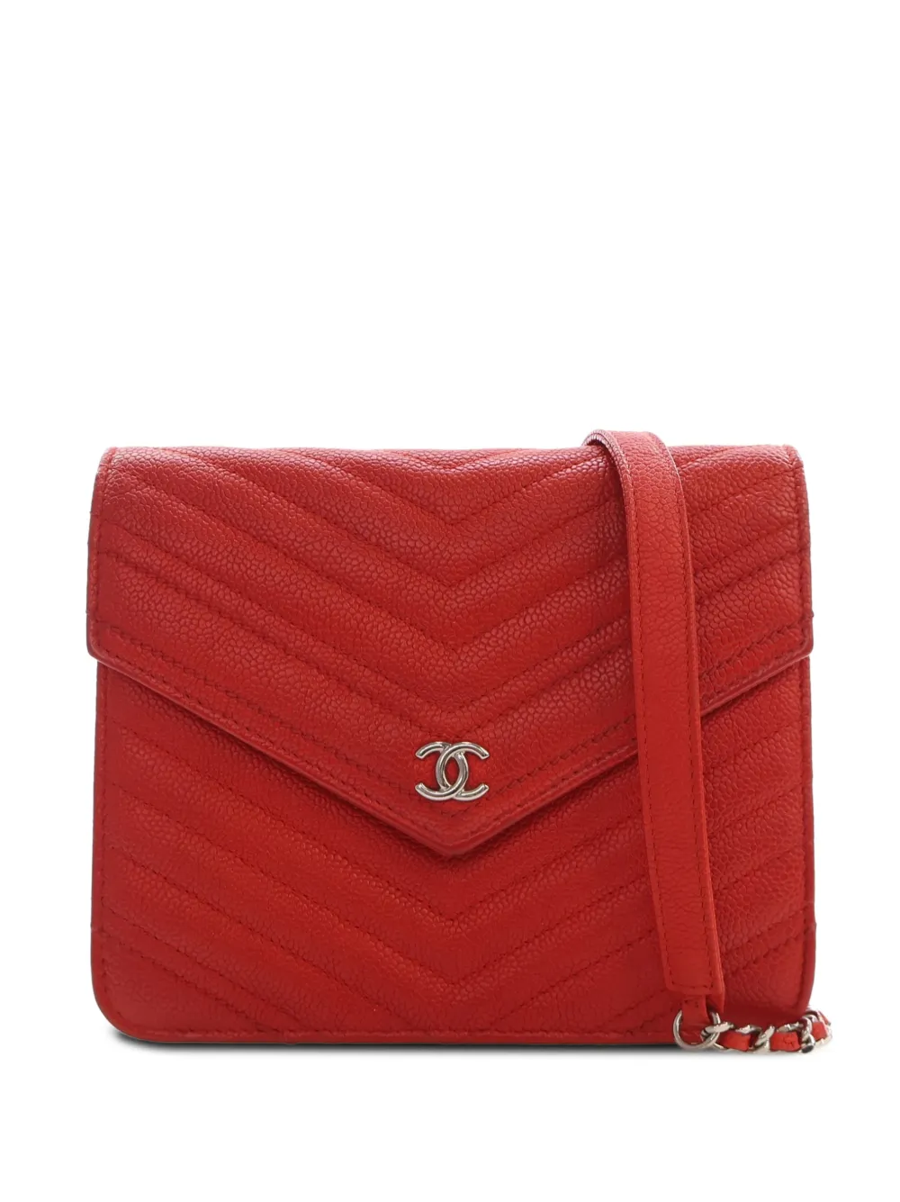 CHANEL Pre-Owned 2017-2018 CC Chevron Caviar Square Wallet On Chain crossbody bag - Rosso