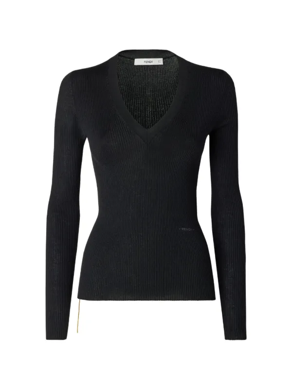 Fendi Ribbed-knit V-neck Sweater in Black