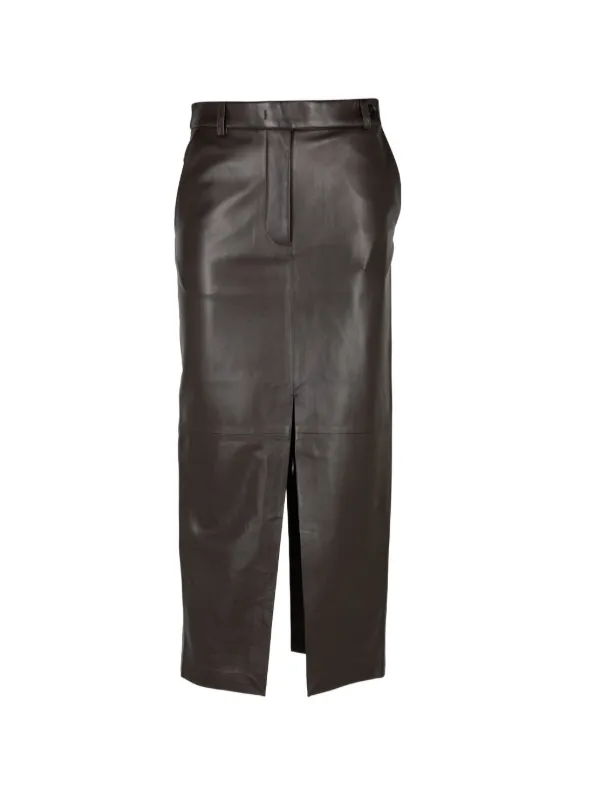Co Double-slit Leather Pencil Long Skirt in Brown