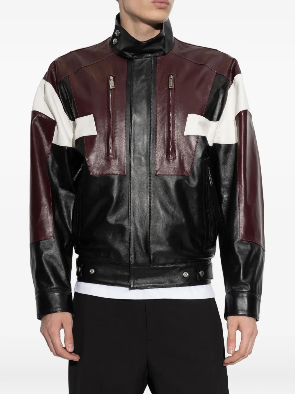 DSQUARED2 colour-block stand-collar leather jacket Zwart