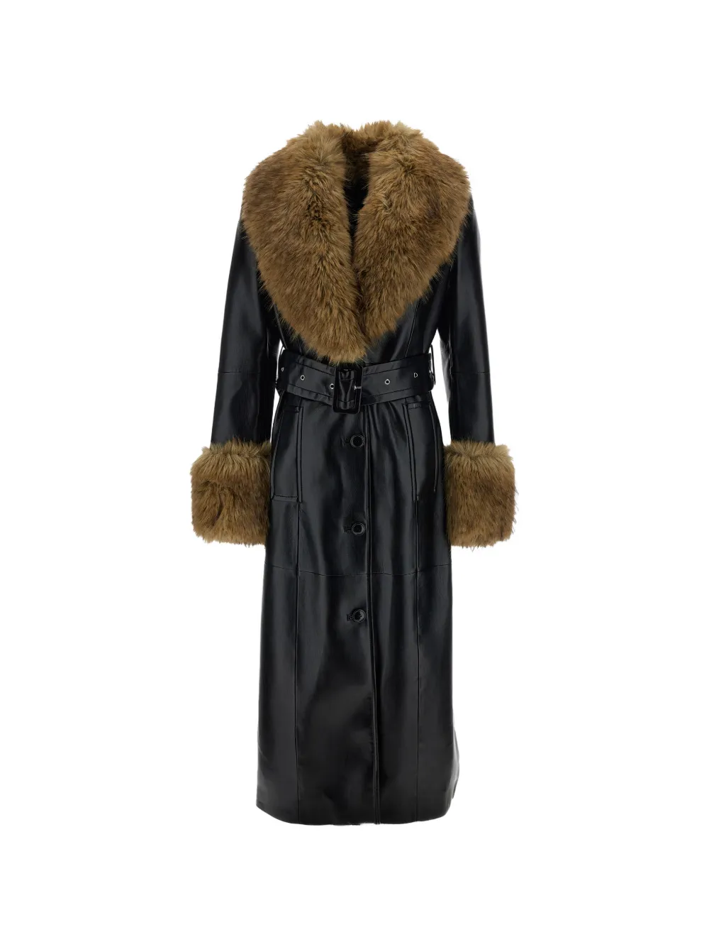 Stand Studio Estella Faux-fur Trim Belted Coat In Black