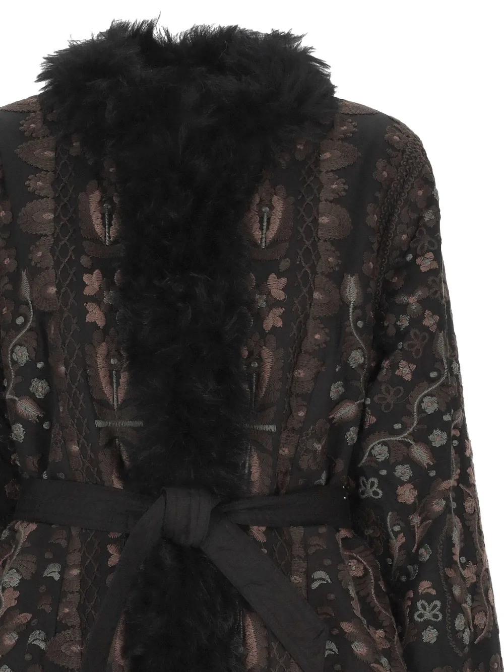 Antik Batik Sando jas met enkele rij knopen en afwerking van imitatiebont Zwart