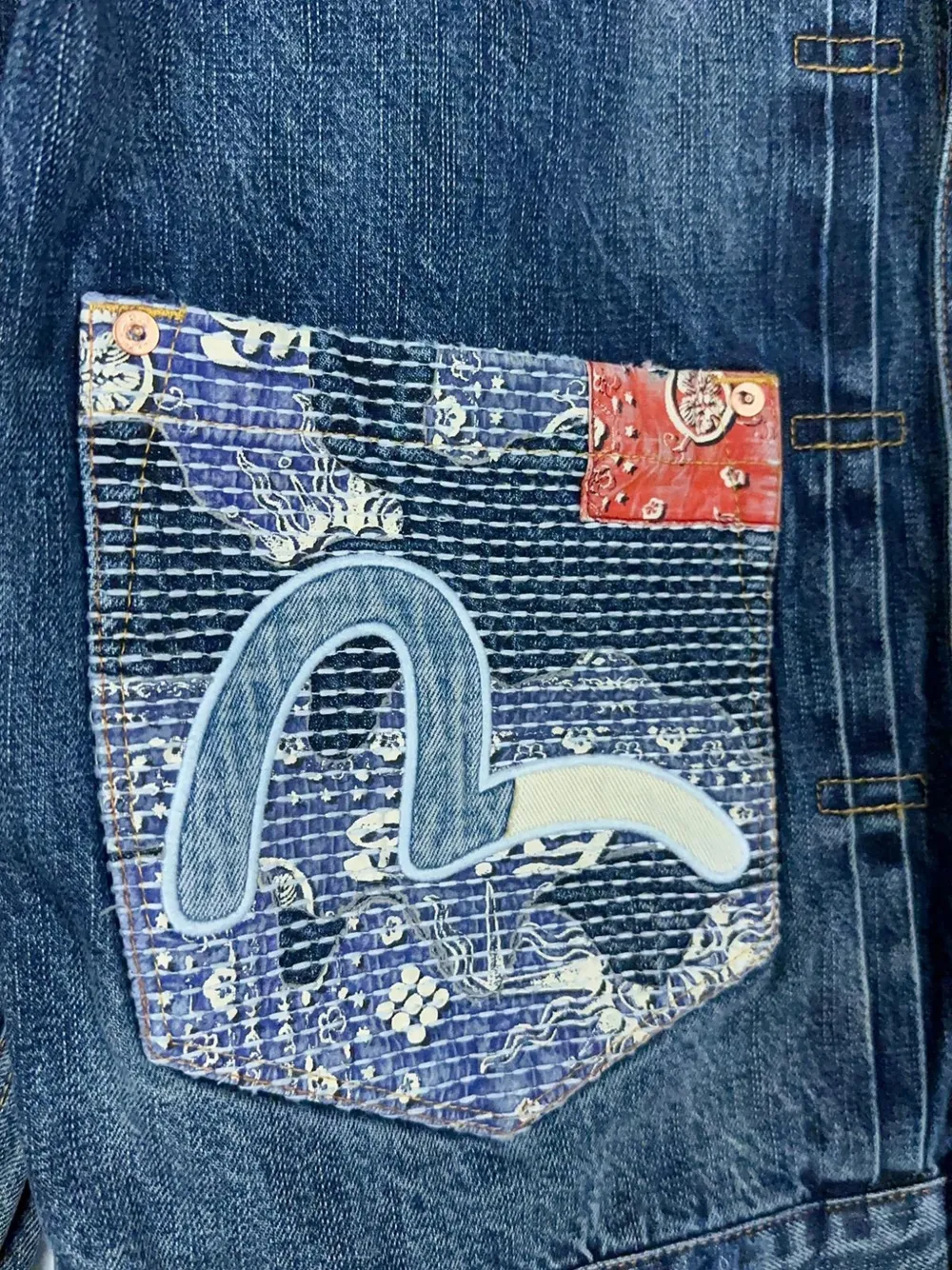 EVISU Boro Seagull denim jack met Seagull-patch Blauw