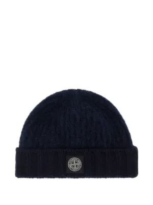 Stone Island logo-patch ribbed-knit Beanie Hat | Blue | FARFETCH